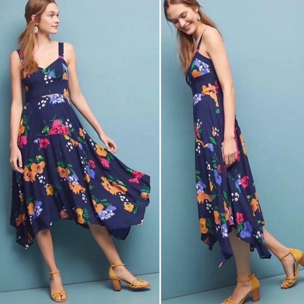 Anthropologie Maeve Vivienne Floral Maxi Handkerchief  Hem Dress - 0 - Picture 3 of 11
